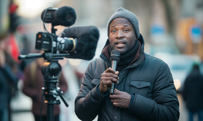Man public black speaker giving speech in front of tv camera or breaking news reporter covering live news media and television press headlines standing in the middle of the street holding microphone
