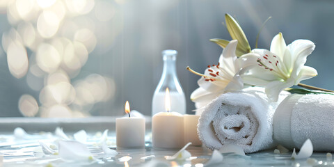 spa still life with candles and orchid - obrazy, fototapety, plakaty