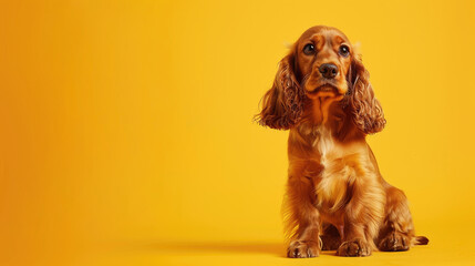 Sweet cocker spaniel, full body shot, studio, on yellow background, copy space for text.