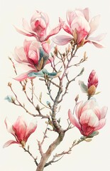 Vibrant Magnolia Floral Watercolor Painting Generative AI
