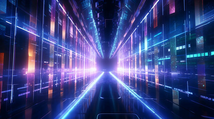  Witness the convergence of innovation and aesthetics in an abstract futuristic HUD tunnel, featuring captivating motion graphics of data centers, servers, and high-speed internet, captured