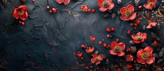Dark, textured backdrop adorned with vibrant red flowers and golden accents, exuding an elegant and mysterious aura.