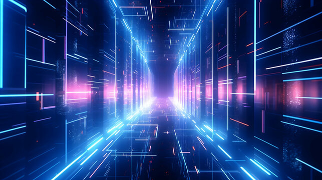Step into the future of technology with a captivating abstract HUD tunnel, pulsating with motion graphics depicting data centers, servers, and lightning-fast internet connections, all rendered