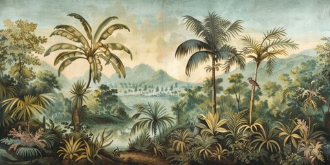 wallpaper jungle and leaves tropical forest birds old drawing vintage