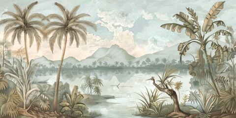 wallpaper jungle and leaves tropical forest birds old drawing vintage