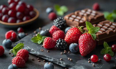 Chocolate and fresh berries on the table. - obrazy, fototapety, plakaty