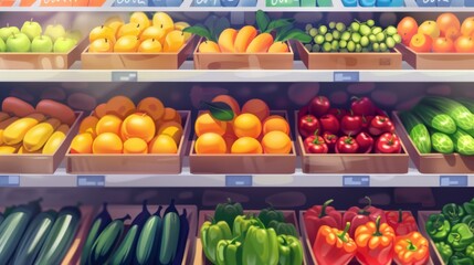 Supermarket shelf with fruits and vegetables wallpaper background