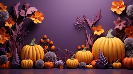 Autumnal Display with Pumpkins and Flowers on a Purple Background