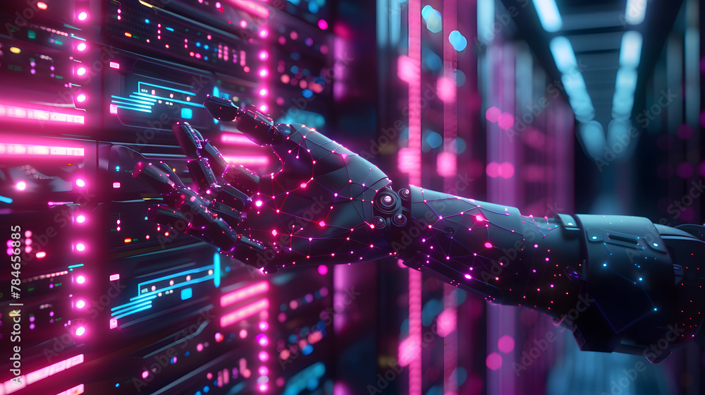 Poster a humanoid hand with glowing digital circuit patterns over a backdrop of server racks. futuristic sc