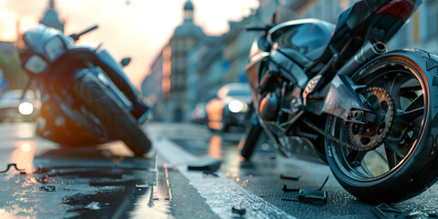 Rare view of  Traffic accident Crashed motorcycle and car on the road background - obrazy, fototapety, plakaty
