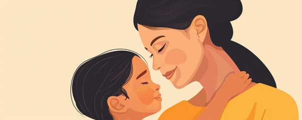 Obraz premium Cute mother holding child daughter yellow background mother's day family love illustration