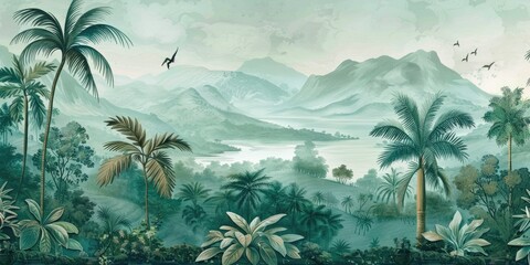 Fototapeta na wymiar wallpaper jungle and leaves tropical forest birds old drawing vintage