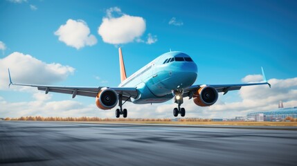 Commercial Airplane Landing on Runway Under Blue Sky