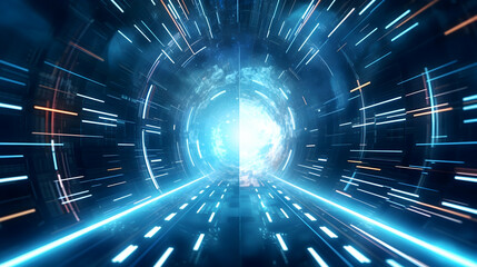 Dive into the heart of innovation with an abstract futuristic HUD tunnel, featuring mesmerizing motion graphics of data centers, servers, and lightning-fast internet speed, presented in stunning HD
