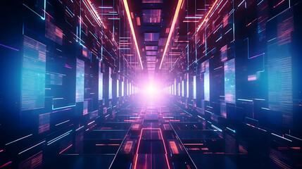 Delve into the realm of technology with an abstract HUD tunnel, where mesmerizing motion graphics of data centers, servers, and internet speed create a visual symphony, all presented in stunning HD by