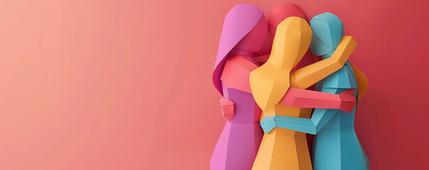 Four women hugging coral pink background emotional support group friendship feminism women's day colorful papercraft copy space illustration