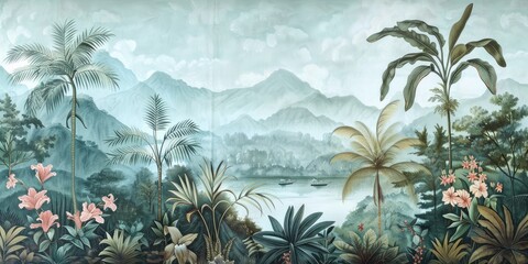 wallpaper jungle and leaves tropical forest birds old drawing vintage 