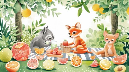A childrens book illustration of animals having a picnic with various citrus fruits