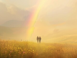 A couple walking in a meadow with a rainbow framing them in the distance