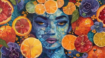 A vibrant painting of a mythical vitamin C goddess surrounded by citrus fruits