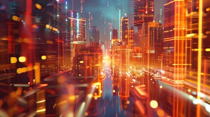 Abstract 3D cityscape with floating buildings and light trails