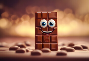 A whimsical chocolate bar character with googly eyes and a smiling face, standing on a surface surrounded by chocolate pieces. World Chocolate Day.