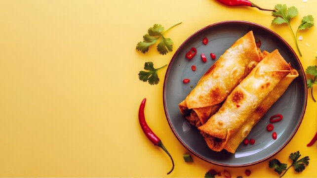 Mexican beef taquitos with vegetables, cilantro and salsa on yellow background. Traditional Latin American mexican kitchen. top view, with place for text.