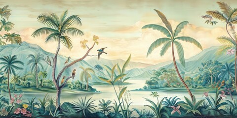 Fototapeta na wymiar wallpaper jungle and leaves tropical forest birds old drawing vintage 