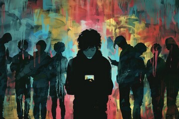 Visual concept of a teenager addicted to a mobile phone and social media, symbolizing cellphone and screen display dependency in children. - obrazy, fototapety, plakaty