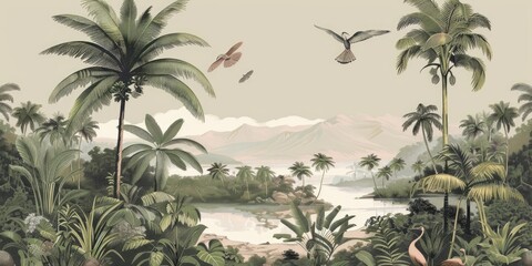 wallpaper jungle and leaves tropical forest birds old drawing vintage 