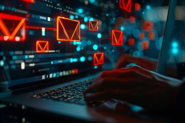 Working on a computer with holograms of phishing alert emails. Cybersecurity concept