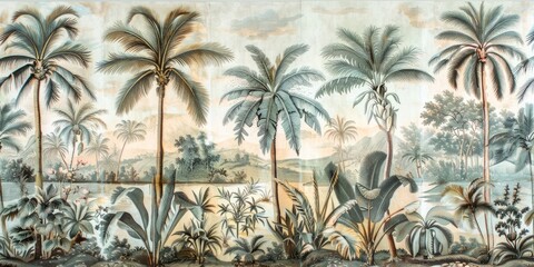 wallpaper jungle and leaves tropical forest birds old drawing vintage 