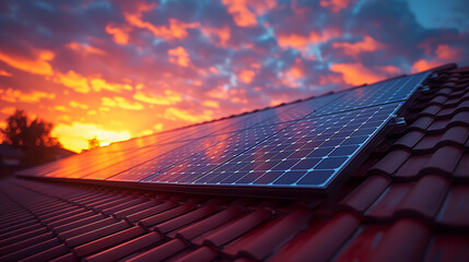 A solar panel on the roof of an urban house with a red tile roof, against the background of sunset and clouds. 16:9