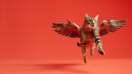 A tabby cat mid-leap, wearing comically oversized wings, with a playful expression as it seemingly...