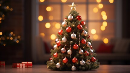 Festive Christmas Tree with Red and Silver Ornaments Indoors