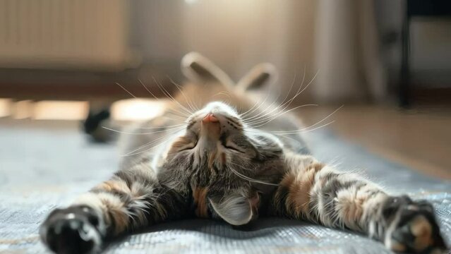 a cute sleeping cat. Lazy cat napping and stretching