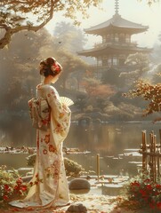 Graceful Japanese Woman in Floral Kimono Amid Serene Garden Landscape with Pagoda