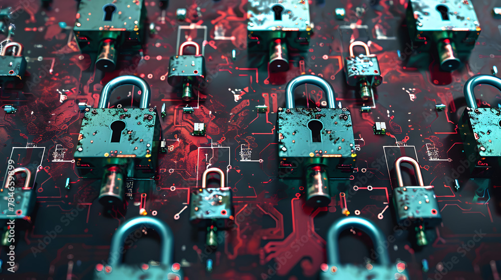Poster locks on circuit pattern. concept of data security, cyber defense and cybersecurity.