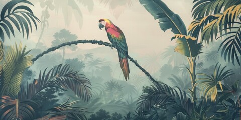 wallpaper jungle and leaves tropical forest birds old drawing vintage 