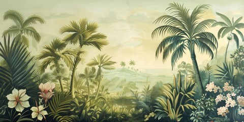 Fototapeta na wymiar wallpaper jungle and leaves tropical forest birds old drawing vintage 