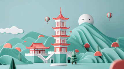 Naklejka premium vector of Taipei city with Taipei 100 building on aerial view and Chinese temple in city, popular travel destination landmark in Asia, Taipei, Taiwan