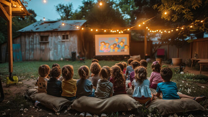 A group of kids gathered on bean bags watches an animated movie in a rustic backyard adorned with fairy lights. - obrazy, fototapety, plakaty