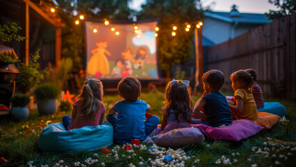 A magical evening unfolds as children engage with an animated film, surrounded by a warmly lit backyard garden. - obrazy, fototapety, plakaty