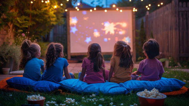 A row of kids lies on colorful beanbags, captivated by a movie on an outdoor screen in a backyard adorned with string lights.