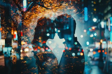 Create a double exposure where a couple locked in a romantic embrace is superimposed on a bustling nightlife scene. This highlights the intimacy and secrecy that nighttime can offer amidst the urban e - obrazy, fototapety, plakaty