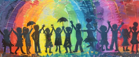 World Childrens Day. Childrens Silhouettes Over Rainbow Paint Background