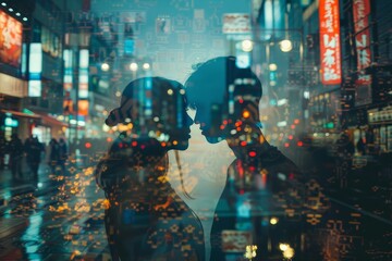 Create a double exposure where a couple locked in a romantic embrace is superimposed on a bustling nightlife scene. This highlights the intimacy and secrecy that nighttime can offer amidst the urban e - obrazy, fototapety, plakaty
