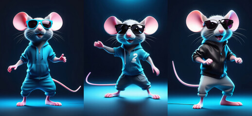 Anthropomorphic realistic mouse in sunglasses and fashionable costumes dancing in neon lighting. Collage on dark background, horizontal orientation of the postcard. Fantastic business concept