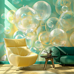 Contemporary living space basked in sunlight, with transparent whimsical bubbles floating around, creating playful yet modern atmosphere