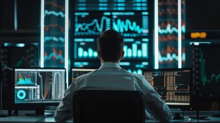 Trader focused on multiple screens with stock data. - obrazy, fototapety, plakaty